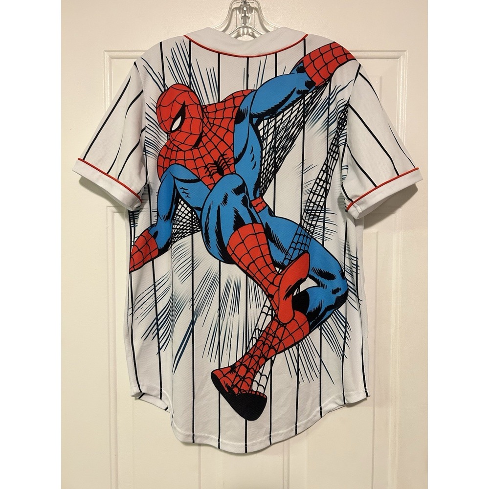 Marvel Spider-Man Baseball Jersey Mens Small White Pinstripe Button Up Shirt